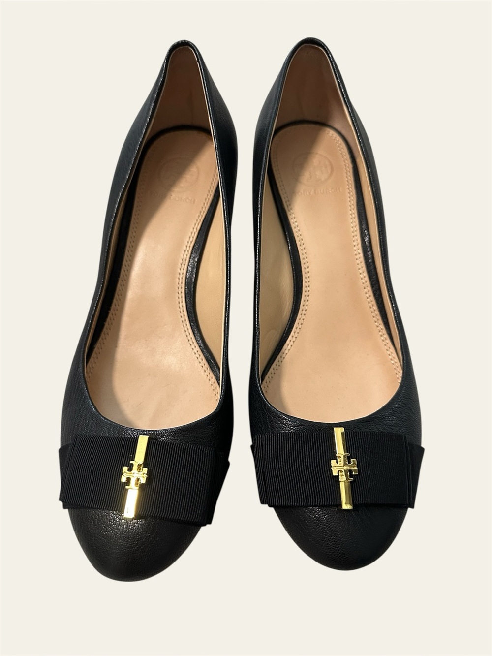 Tory Burch Black Leather Bow Ballet Flats Gold Logo Leather Sole Size 8C